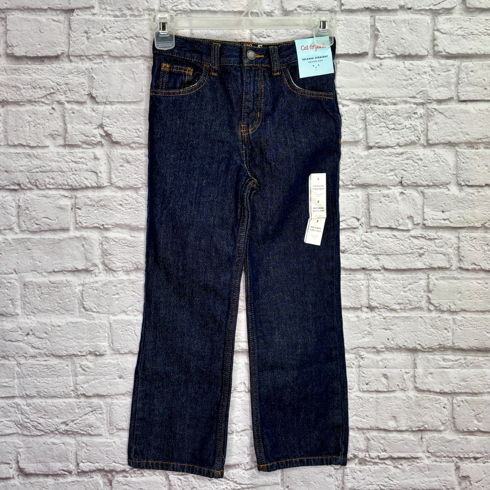 Cat & Jack Boys Relaxed Straight Jeans Size 7 Youth Dark Denim Wash Blue NWT